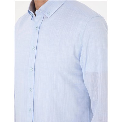 Açık Mavi Keten Görünümlü Slim Fit Uzun Kollu Gömlek