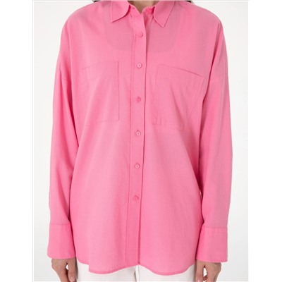 Açık Pembe Oversize Keten Karışımlı Uzun Kollu Gömlek