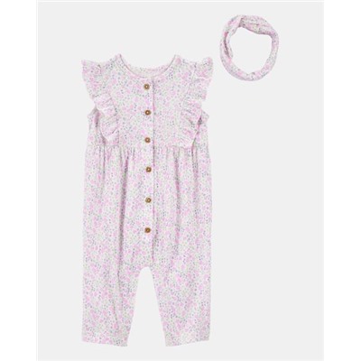 Baby 2-Piece Floral Jumpsuit & Headwrap - Purple