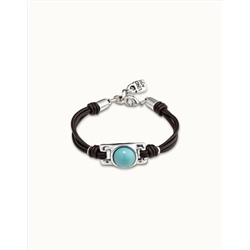Pulsera de cuero marrón con abalorio bañado en plata rectangular