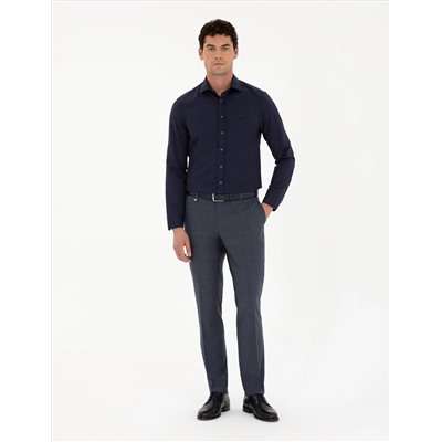 Lacivert Slim Fit Armürlü Uzun Kollu Gömlek