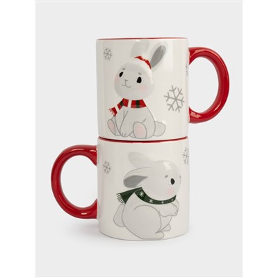 Кружка, детская, 360 мл, 2 шт, керамика, молочно-красная, Зайчики в шарфах, New year