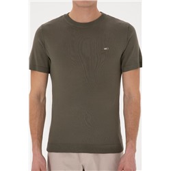 Erkek Slim Fit Bisiklet Yaka Koyu Haki Tişört