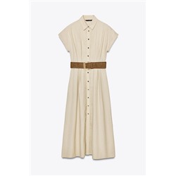LINEN BLEND MIDI DRESS WITH BELT