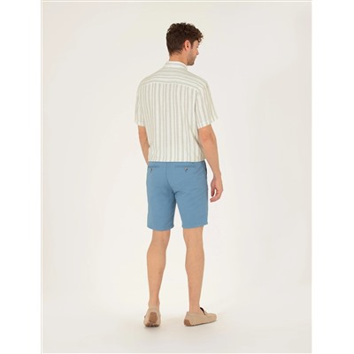 Koyu Mavi Slim Fit Keten Karışımlı Beli Lastikli Bermuda Şort