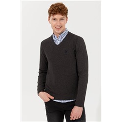 Erkek Antrasit Melanj V - Yaka Basic Triko Kazak