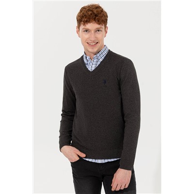 Erkek Antrasit Melanj V - Yaka Basic Triko Kazak