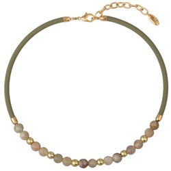 Колье Терра (опал бежевый, каучук оливковый; покрытие золото) 45-50см, Есть комплект