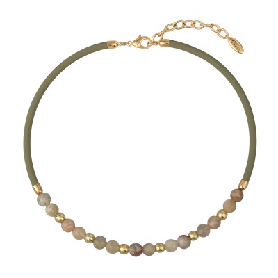 Колье Терра (опал бежевый, каучук оливковый; покрытие золото) 45-50см, Есть комплект