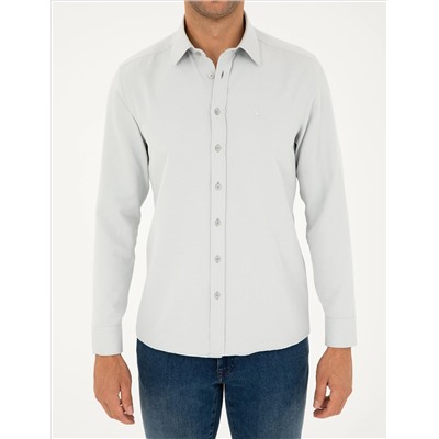Gri Slim Fit Armürlü Uzun Kollu Gömlek