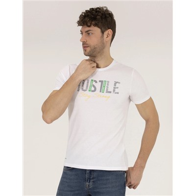 Beyaz Slim Fit Baskılı Bisiklet Yaka Tişört