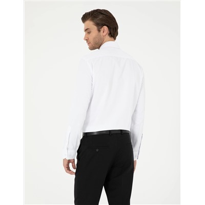 Beyaz Slim Fit Armürlü Uzun Kollu Gömlek