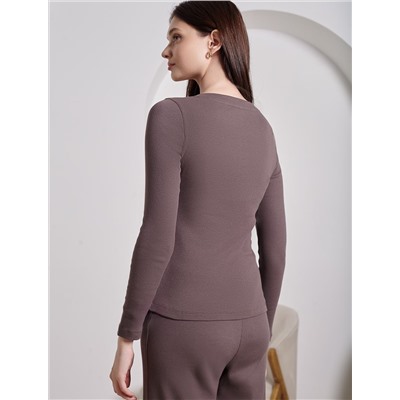 Лонгслив облегающий из фактурного трикотажа в рубчик с круглым вырезом на пуговицах