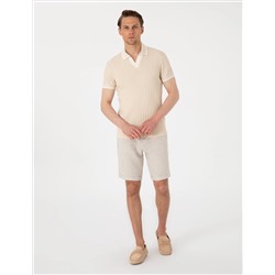 Bej Slim Fit Örme Dokulu Polo Yaka Tişört