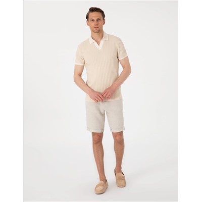 Bej Slim Fit Örme Dokulu Polo Yaka Tişört