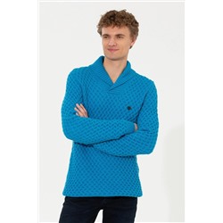 Erkek Kobalt Melanj Şal Yaka Triko Kazak