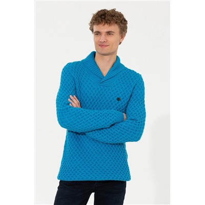 Erkek Kobalt Melanj Şal Yaka Triko Kazak