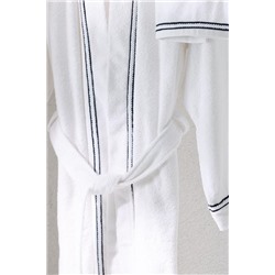 Rouen %100 Pamuk Unisex Bornoz - Beyaz/Lacivert - Lüks Koleksiyon