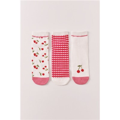 Pack 3 calcetines cortos estampados cerezas rojo