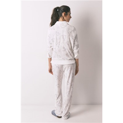 Pijama largo canalé blanco estampado pájaros