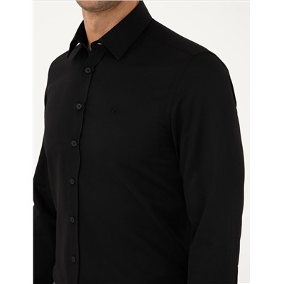 Siyah Slim Fit Armürlü Uzun Kollu Gömlek