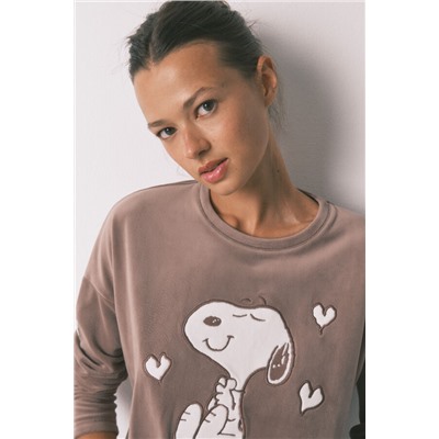 Pijama largo terciopelo elástico marrón Snoopy