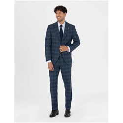 %100 Yün Ekose Lacivert Ekstra Slim Fit Takım Elbise