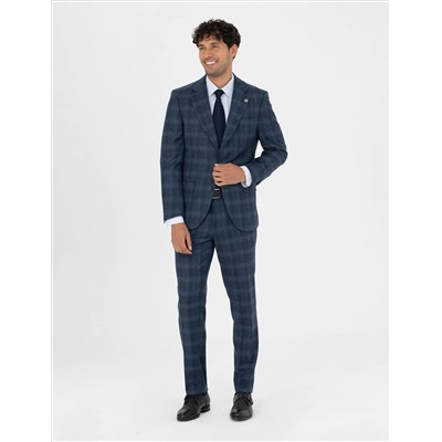 %100 Yün Ekose Lacivert Ekstra Slim Fit Takım Elbise