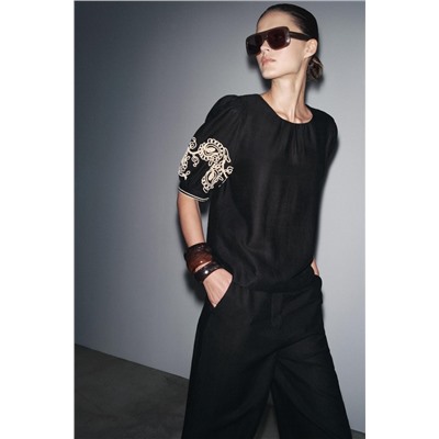 ZW COLLECTION EMBROIDERED LINEN BLEND TOP