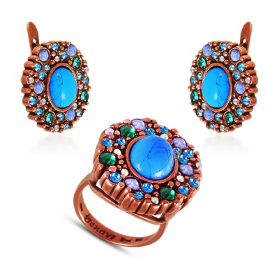 Комплект (бирюза, кристаллы микс; покрытие медь)