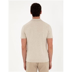 Bej Slim Fit Düğmeli Polo Yaka Keten Karışımlı Triko Tişört