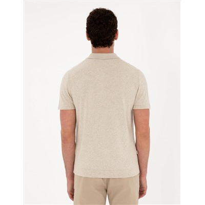 Bej Slim Fit Düğmeli Polo Yaka Keten Karışımlı Triko Tişört