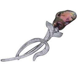 Брошь Барокко (жемчуг бензиновый 16мм, белый фианит; покрытие родий), Есть комплект