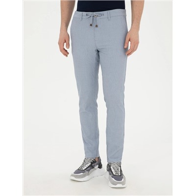 Açık Mavi Slim Fit Gofre Bağcıklı Kanvas Pantolon