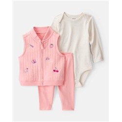 Baby 3-Piece Fruit Embroidered Little Vest Set - Pink/Ivory