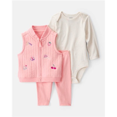 Baby 3-Piece Fruit Embroidered Little Vest Set - Pink/Ivory