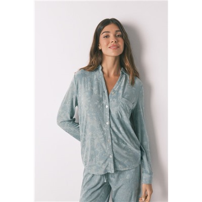 Pijama camisero largo jacquard floral verde