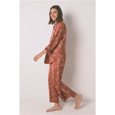 Pijama camisero largo satén naranja