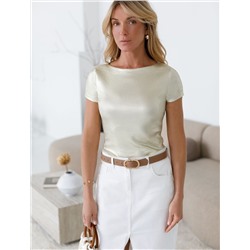 Футболка облегающая из хлопка в рубчик с вырезом лодочка с матовым покрытием металлик