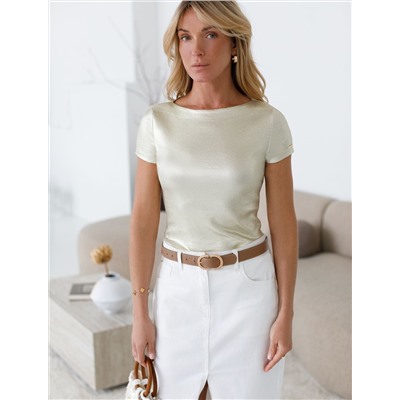 Футболка облегающая из хлопка в рубчик с вырезом лодочка с матовым покрытием металлик