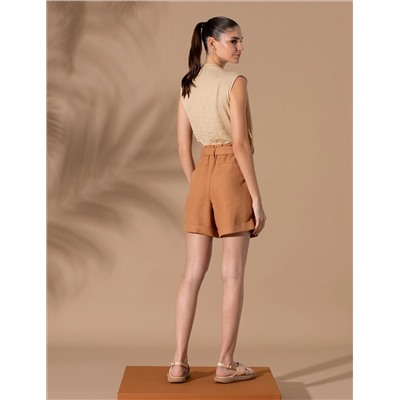 Kahverengi Keten Oversize Bermuda Şort