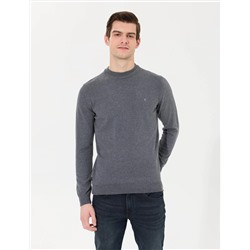 Antrasit Melanj Slim Fit Çeyrek Yaka Basic Triko Kazak