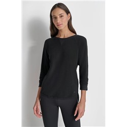 RUCHED 3/4-SLEEVE SLUB WAFFLE-KNIT TEE