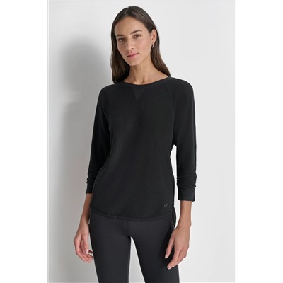 RUCHED 3/4-SLEEVE SLUB WAFFLE-KNIT TEE