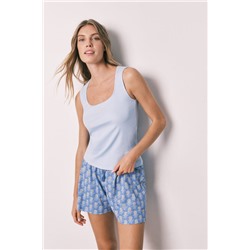 Pijama corto algodón azul escote cuadrado