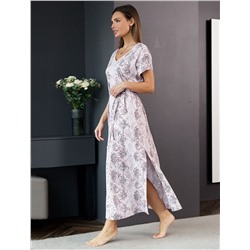 Платье свободное с V-вырезом из 100% хлопка с поясом и разрезом