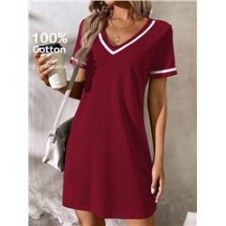 SHEIN LUNE Fashionable Casual V-Neck Color Block Knit Dress With Weave Belt, Black,Summer Dresses For Women