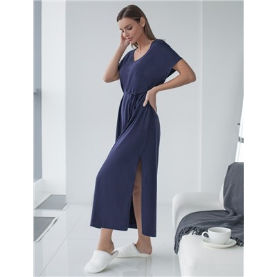 Платье свободное с V-вырезом из 100% хлопка с поясом и разрезом