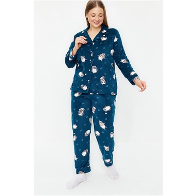 Trendyol Curve Petrol Penguen Desenli Örme Pijama Takımı TBBAW24AI00025