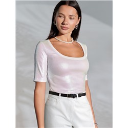 Футболка облегающая из хлопка в рубчик с U вырезом и матовым покрытием металлик